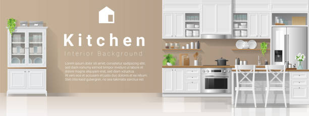 ilustraciones, imágenes clip art, dibujos animados e iconos de stock de fondo interior con cocina en estilo rústico moderno, vector, ilustración - cabinet