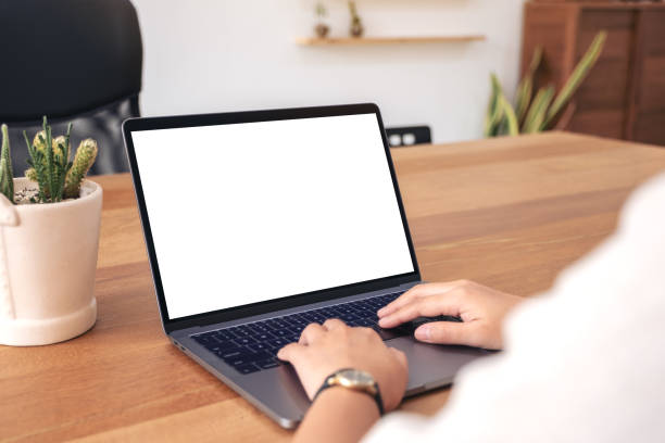 una donna che usa e digita su un laptop con schermo bianco vuoto del desktop - clothing well dressed equipment household equipment foto e immagini stock
