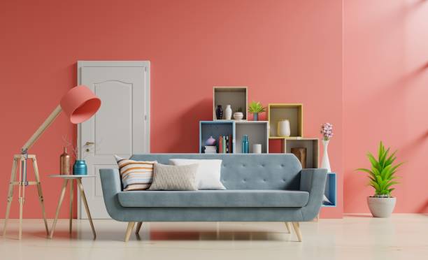 istock Empty living room with with sofa and green plants,lamp,table,shelves 1135685163
