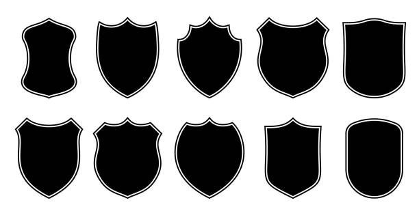 헝겊 패치 방패 모양 벡터 전 령 아이콘입니다. 축구 또는 축구 클럽 또는 군사 경찰 의류 배지 패치 빈 블랙 템플릿 고립 된 세트 - shield shape sign design element stock illustrations