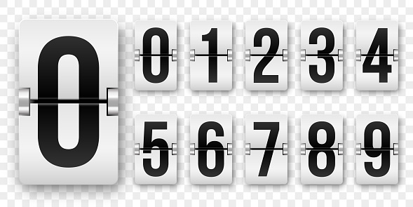 Countdown numbers flip counter. Vector isolated 0 to 9 retro style flip clock or scoreboard mechanical numbers set black on white