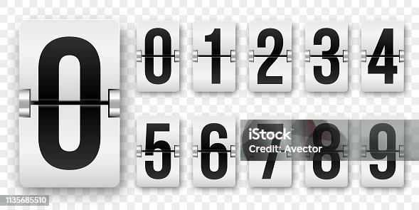 istock Countdown numbers flip counter. Vector isolated 0 to 9 retro style flip clock or scoreboard mechanical numbers set black on white 1135685510