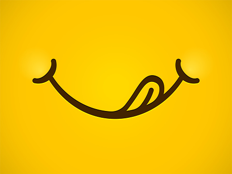 Yummy smile vector cartoon line emoticon lick mouth lips with tongue. Delicious tasty eating emoji face yellow background