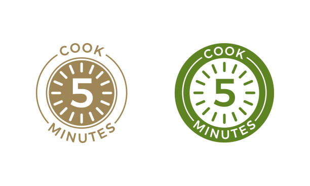 Cook 5 minutes clock icon cereal and pasta cooking Cook 5 minutes clock timer icon for food package. Vector saucepan and 5 minutes cooking time isolated template design five minutes timer stock illustrations