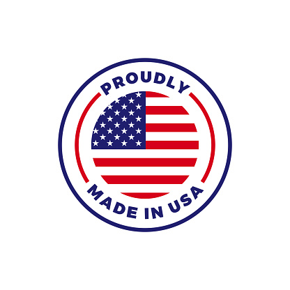 Made in USA label icon with American flag seal. Vector quality logo badge for US made certified premium package design