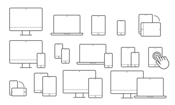 Devices vector line icons for responsive design Devices line icons for responsive design. Vector set of mobile phone or smartphone, computer laptop or tab pad and electronic appliances equipment illustrations stock illustrations