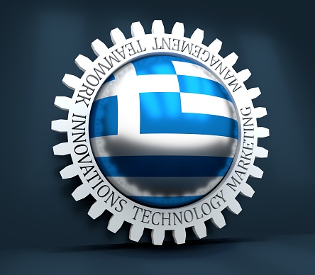 Cog wheel with Greece flag. Precision machinery relative backdrop. 3D rendering