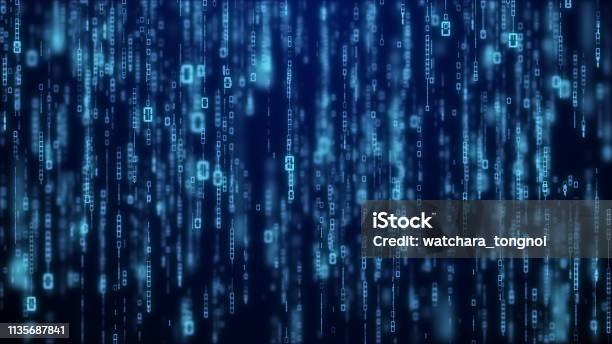 Matrix Byte Of Binary Data Rian Code Running Abstract Background In Dark Blue Digital Style Stock Photo - Download Image Now