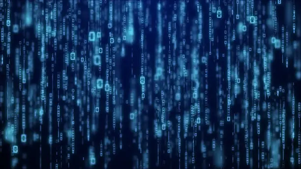 matrix byte of binary data rian code running abstract background in dark blue digital style