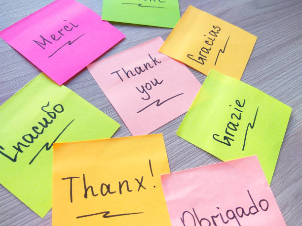 istock Thank you message on different languages on sticker note on wooden background 1135687898
