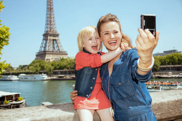 istock mother and child tourists taking selfie with digital camera 1135688546