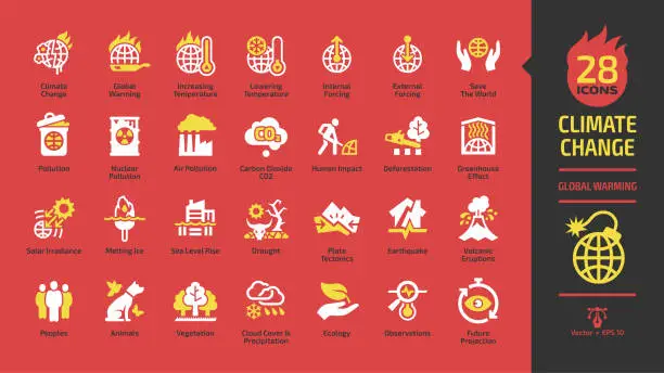 Vector illustration of Climate change or global warming white and yellow glyph icon set on a red background with world heat temperature, globe greenhouse effect, air pollution, earth co2 problem and environment save sign.