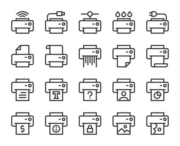 ilustrações, clipart, desenhos animados e ícones de ícones da impressora-linha - printing out