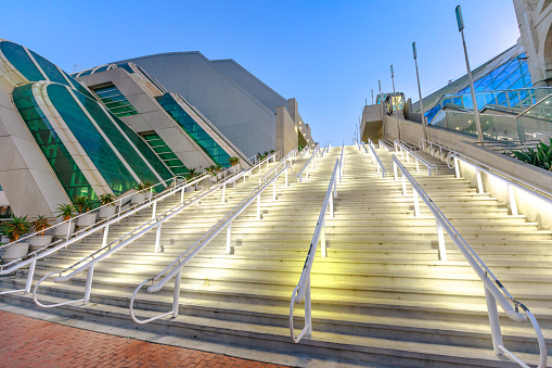 San Diego, California, United States - July 31, 2018: Perspective view of stair of San Diego Convention Center at twilight located in Marina district near Gaslamp Quarter. San Diego Downtown.