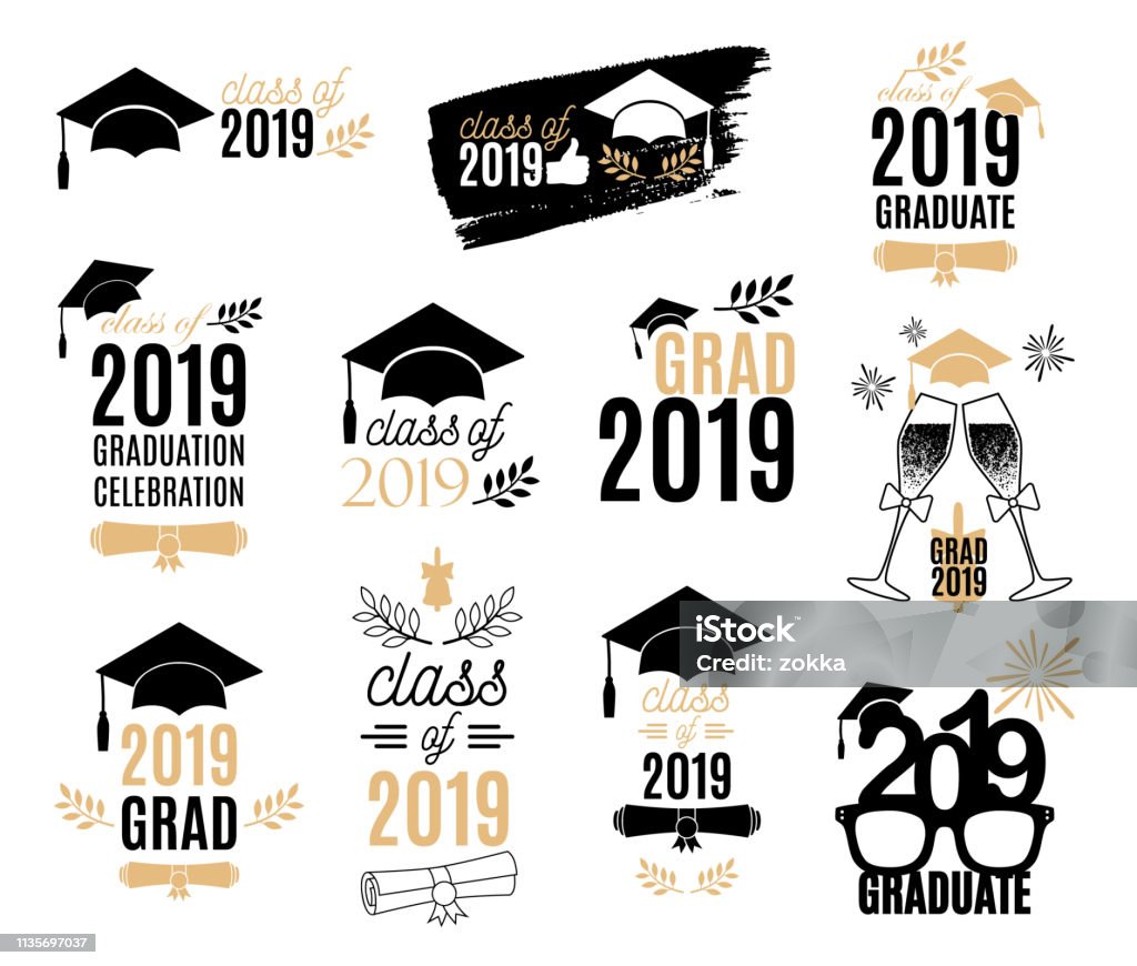 Graduation class of 2019 labels design set. Badges kit for shirt, print, seal, overlay, stamp, greeting card, invitation. Vector sign or logo. All isolated and layered Graduation stock vector