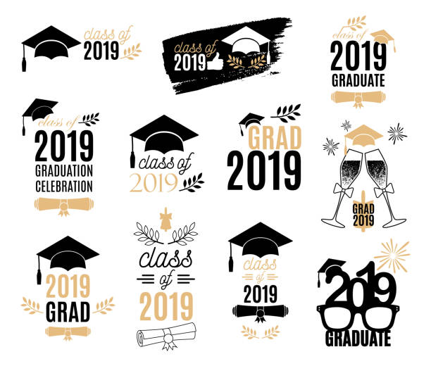 Graduation class of 2019 labels design set. Badges kit for shirt, print, seal, overlay, stamp, greeting card, invitation. Vector sign or logo. All isolated and layered Graduation class of 2019 labels design set. Badges kit for shirt, print, seal, overlay, stamp, greeting card, invitation. Vector sign or logo. All isolated and layered 2019 stock illustrations