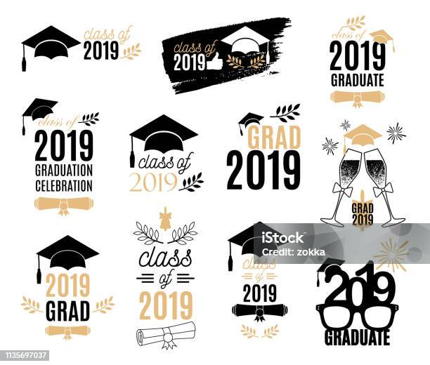 Graduation Class Of 2019 Labels Design Set Badges Kit For Shirt Print Seal Overlay Stamp Greeting Card Invitation Vector Sign Or Logo All Isolated And Layered Stock Illustration - Download Image Now