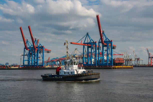 tugs in front of the harbor cranes in hamburg on the elbe - hamburg germany harbor cargo container commercial dock imagens e fotografias de stock