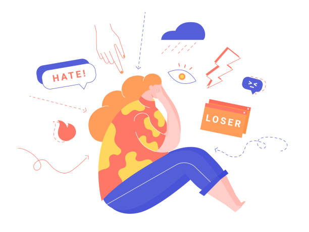 Cyberbullying, bullying using electronic means, online pressure. Cyberbullying, bullying using electronic means, online pressure. Posting rumors, threats, sexual remarks, a victims' personal information, or pejorative labels. Illustration on white background. low body fat stock illustrations