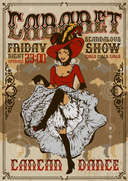 Cabaret show poster invitation. Cancan dancer girl. Vector illustration in vintage Art Nouveau style. Dancing woman in laced skirt and hat with feathers performing cancan dance. vintage of burlesque dancers stock illustrations