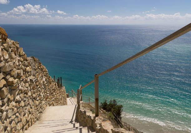 Stone stairs down to azure sea. Steep descent. Rock wall. Blue sparkling water. Stone stairs down to azure sea. Steep descent. Rock wall. Blue sparkling water. Costline of Black Sea, Anapa resort, Russia. krasnodar krai stock pictures, royalty-free photos & images