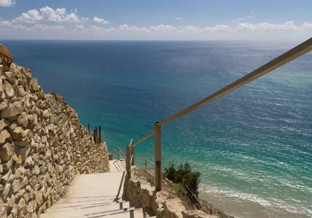Stone stairs down to azure sea. Steep descent. Rock wall. Blue sparkling water. Costline of Black Sea, Anapa resort, Russia.