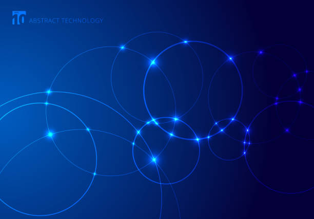 青の背景技術スタイルで重なり合う抽象的な円とドット。将来のコンセプト。ノード分子構造。科学と接続。テキスト用のコピースペースを持つバナー web。 - circle background点のイラスト素材／クリップアート素材／マンガ素材／アイコン素材