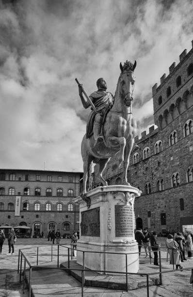 Cosimo I, Medici, equestrian statue, Florence Florence, Italy - February 24, 2019: Equestrian statue of Cosimo I of Medici from Florence, Italy. Black and white picture. The equestrian monument to Cosimo I de' Medici on the Piazza della Signoria in Florence, was sculpted by Giambologna (1594). Cosimo stock pictures, royalty-free photos & images