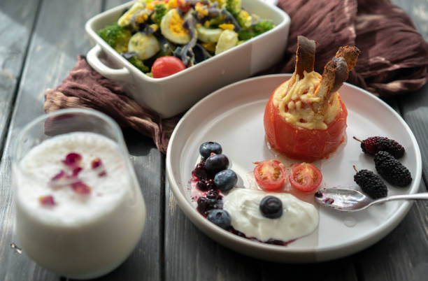 homemade healthy breakfast: tomato toast cup and vegetable salads
