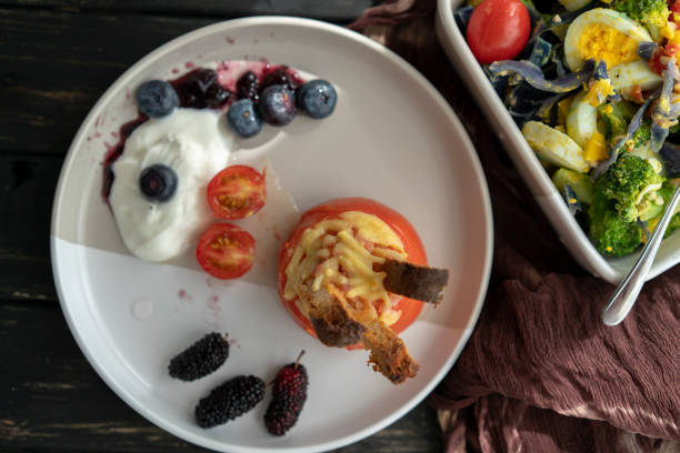 homemade healthy breakfast: tomato toast cup and vegetable salads