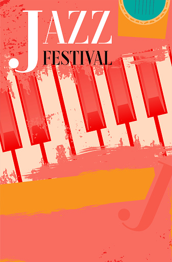 Jazz festival poster template with grungy background and piano keyboard - vector illustration