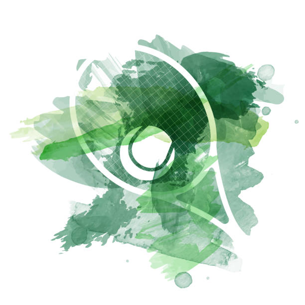 abstrakte grüne aquarellspritzer mit tennisausrüstungs-silhouetten - tennis stock-grafiken, -clipart, -cartoons und -symbole