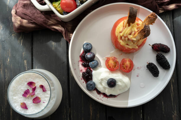 homemade healthy breakfast: tomato toast cup and vegetable salads
