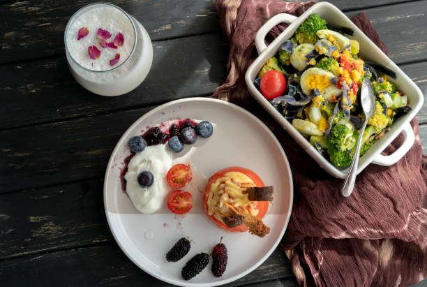 homemade healthy breakfast: tomato toast cup and vegetable salads