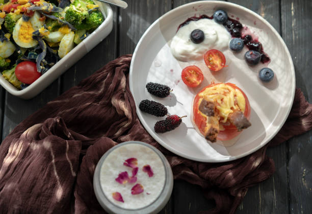 homemade healthy breakfast: tomato toast cup and vegetable salads