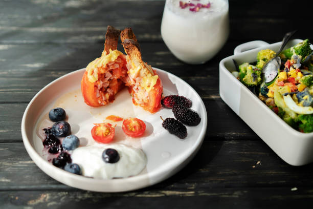 homemade healthy breakfast: tomato toast cup and vegetable salads