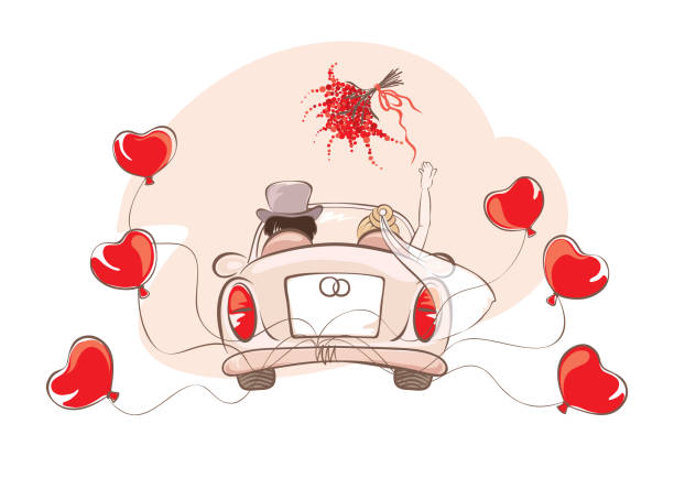 illustrazioni stock, clip art, cartoni animati e icone di tendenza di auto da sposa - bride backgrounds white bouquet