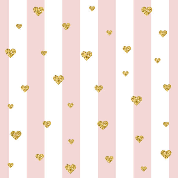Glitter stripe seamless pattern. Glitter stripe seamless pattern of gold heart on white and pink lines. Festive wallpaper design. Holiday wrapping illustration. greeting card white decoration glitter stock illustrations