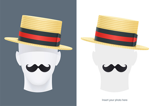 Vintage classic boater straw hat at manikin. Stylish cylinder headgear for gentleman. Retro wear accessory. Male fashion. Man face avatar. Trendy clothes. Isolated white background. Eps10 vector