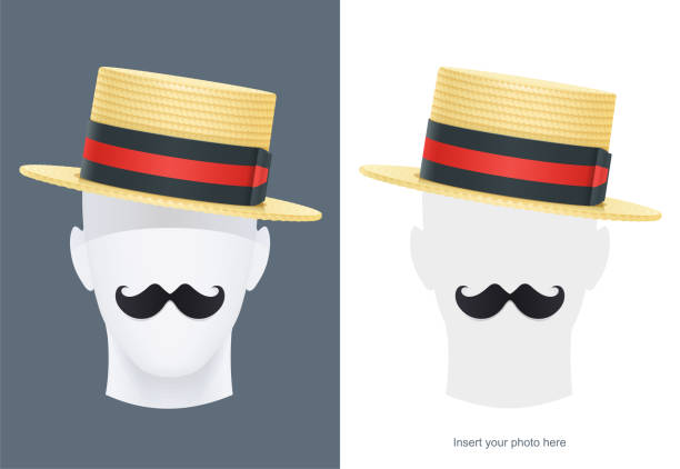 Vintage classic boater straw hat. Vector illustration. Vintage classic boater straw hat at manikin. Stylish cylinder headgear for gentleman. Retro wear accessory. Male fashion. Man face avatar. Trendy clothes. Isolated white background. Eps10 vector vintage boater hat stock illustrations