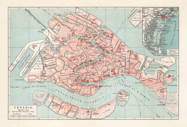 illustrazioni stock, clip art, cartoni animati e icone di tendenza di mappa della città di venezia, litografia, pubblicata nel 1897 - venezia