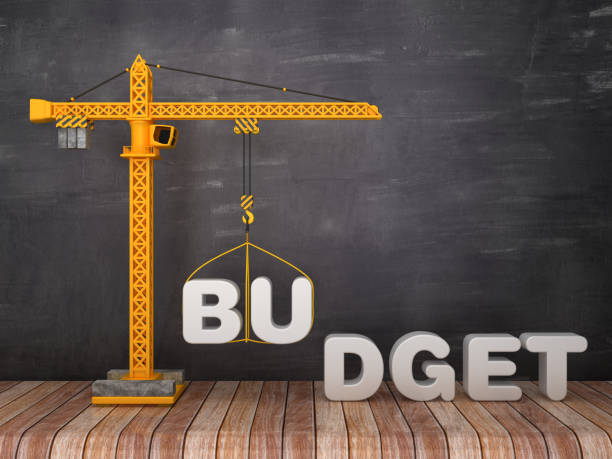 istock Tower Crane with BUDGET Word on Chalkboard Background - 3D Rendering 1135710800