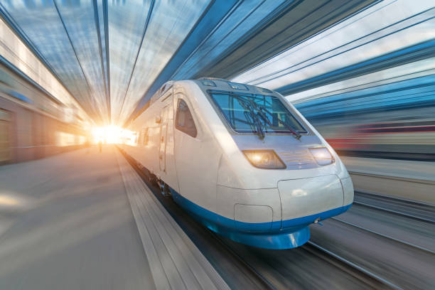 istock Railroad travel passenger train with motion blur effect, concept tourism. 1135711118
