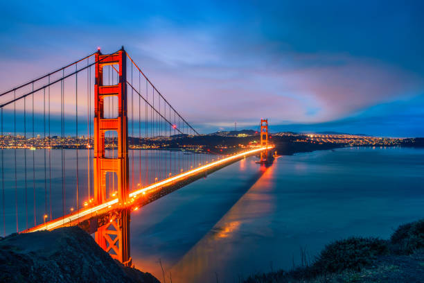 Golden Gate Bridge at night Famous Golden Gate Bridge in San Francisco at night seen from Battery Spencer viewpoint. Long exposure, artistic vintage style processing. golden gate bridge stock pictures, royalty-free photos & images