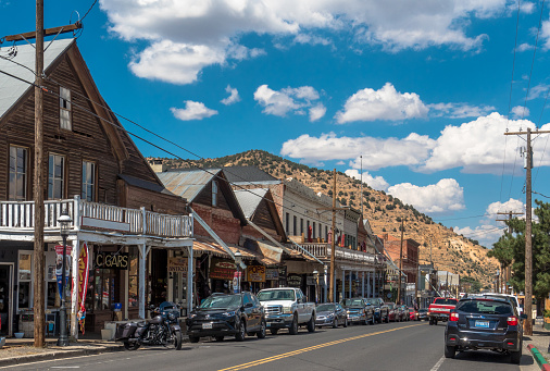 Virginia City, NV / USA - August 23rd, 2017:  Wooden houses at Main Street