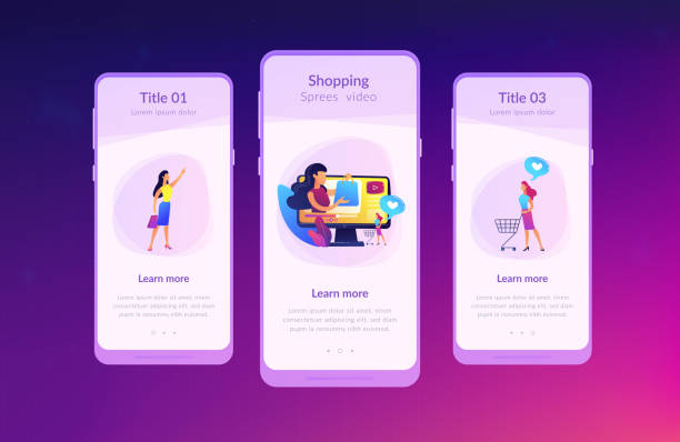 illustrazioni stock, clip art, cartoni animati e icone di tendenza di modello di interfaccia dell'app video shopping sprees. - sprees