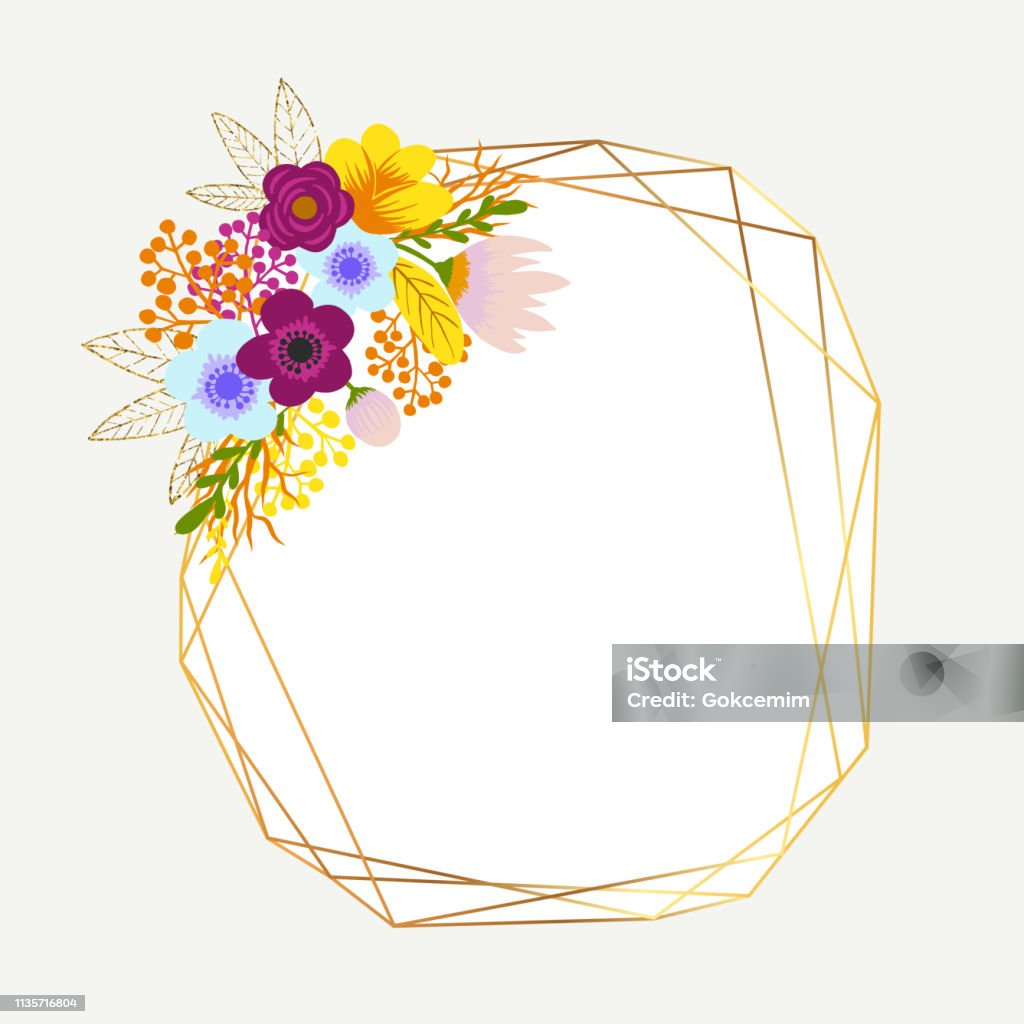 Multi-color Bouquets with Gold Glitter Frames. Delicate Bouquets with Orange, Pink, Blue Flowers Arranged to Form a Cheerful Frame for Greeting Cards and Designs Border - Frame stock vector