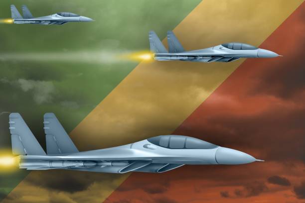 istock Congo air forces strike concept. Air planes attack on Congo flag background. 3d Illustration 1135718352