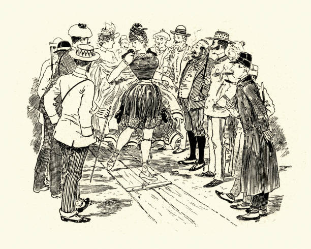Group of men watching a young woman in a bathing costume Vintage engraving of a Victorian cartoon of a group of men watching a young woman in a bathing costume, 19th Century victorian swimwear stock illustrations
