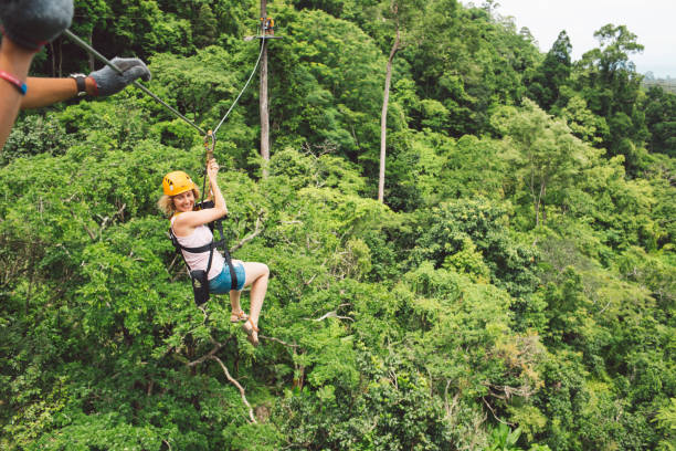 volle länge des frauen-zip-futters im wald - ziplining zip line outdoors zip lining stock-fotos und bilder